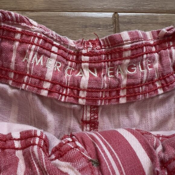 American Eagle Shorts Size 0 Hi-Rise Linen Paperbag Red White Striped Belted - Picture 3 of 9